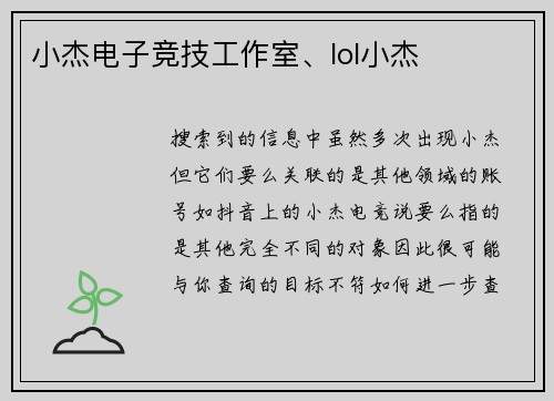 小杰电子竞技工作室、lol小杰